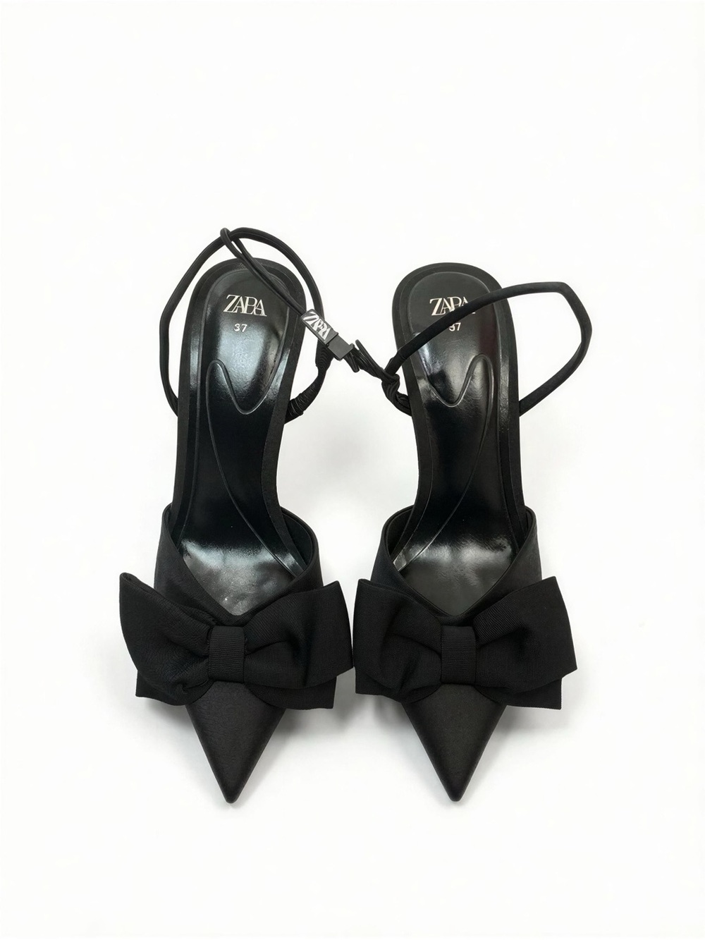 Zara Black Pointed-Toe Slingback Heels with Bow Sz 37